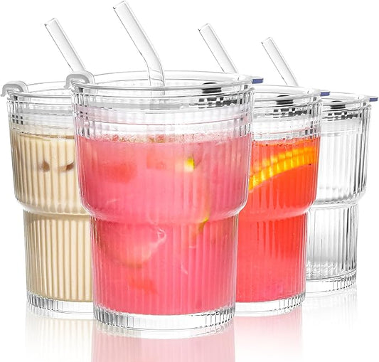13oz Glass Tumbler with Lids and Straws Ribbed Drinking Glasses Cup Leak Proof Iced Coffee Glass Set of 4 for Soda Smoothie Juice(Clear*4)