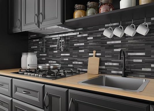 Yipscazo 20 Sheets Peel and Stick Stone Metal Backsplash, PVC Wall Tiles Stick on Tiles for Backsplash Kitchen, Bathroom, Laundry Room, Camper, Fireplace (6'' X 12'', Black Wood)