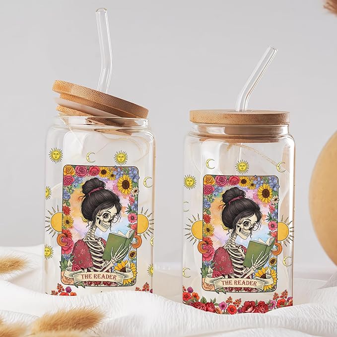 Book Lovers Gifts Ideas 16 Oz Glass Cup with Lid and Straw The Reader Coffee Tumbler Bookish Reading Accessories Birthday Mothers Day Christmas Gift for Readers Women Bookworm Teacher