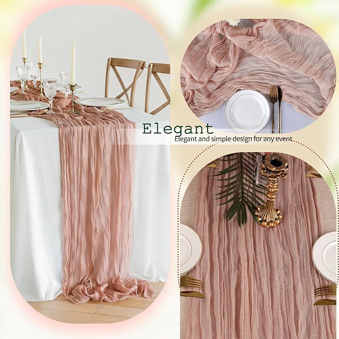 12 Pcs Dusty Pink Cheesecloth Table Runner 10Ft, Gauze Table Runners 21.5 x 120 inch,Semi Sheer Cheese Cloth Fabric Runner Bulk for Wedding,Party,Baby Shower,Bridal Shower