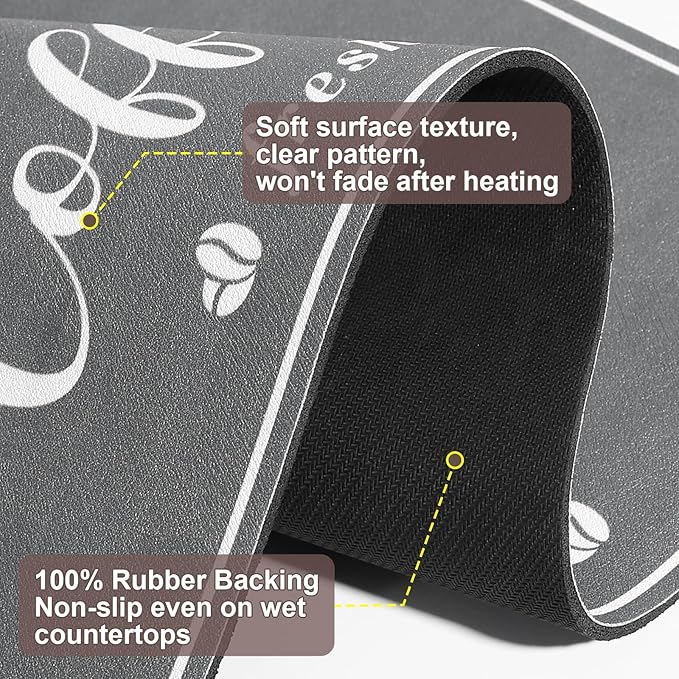 Absorbent Coffee Mat, Fashion Dish Drying Mat for Kitchen Counter Coffee Bar Accessories Espresso Machine Dish Rack 17" x 32" Dark Grey
