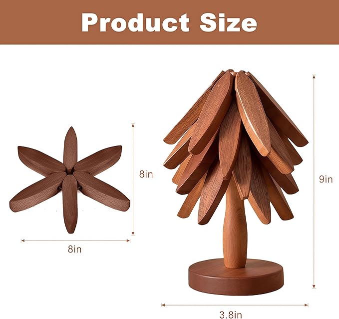 Foldable Kitchen Wooden Trivet Wooden Trivets for Hot Dishes, Tree Shape Trivet Set, 4 Walnut Wood 1 Stand stored Like a Christmas Tree,for Hot Pot Holder, Teapot, Bowl, Hot Dishes (Walnut Wood)