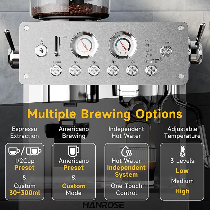 HANROSE Espresso Machine with Grinder, 20Bar Espresso Machine Stainless Steel, Coffee Machine with Milk Frother for Latte/Cappuccino, Adjustable Temperature, Independent Hot Water & Americano Function