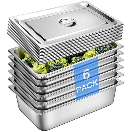 Full Size Hotel Pan With Lids 6 Inch Deep Stainless Steel Chafing Dishes for Buffet, Steam Table Pan, Metal Commercial Food Pans for Food Prep/Catering/Food Serving (6 Pack, Full Size 1/1 x 6" Deep)