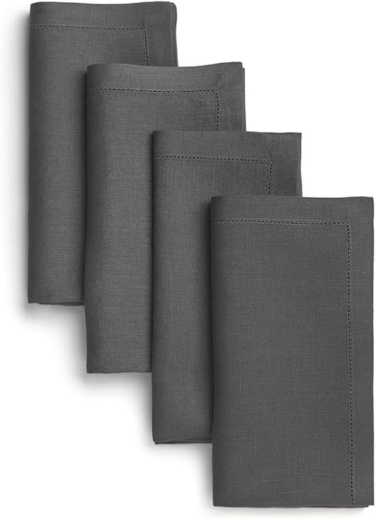 D'Moksha Homes Charcoal Grey Linen Napkins Set of 4 - Classic Hemstitch 100% Pure Linen Hemstitch Dinner Napkins 20 x 20 Inch for Spring, Easter - Handcrafted and Machine Washable