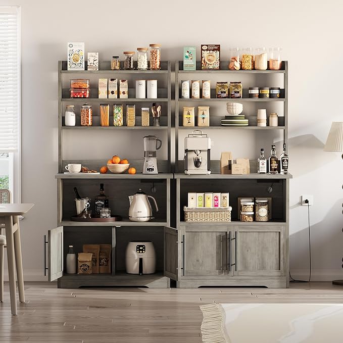 Garvee Farmhouse Bakers Rack with Power Outlets, Microwave Stand with Cabinet, Kitchen Hutch Pantry Cabinet, Kitchen Coffee Bar Cabinet for Spices, Dishes, and Pots, Gray