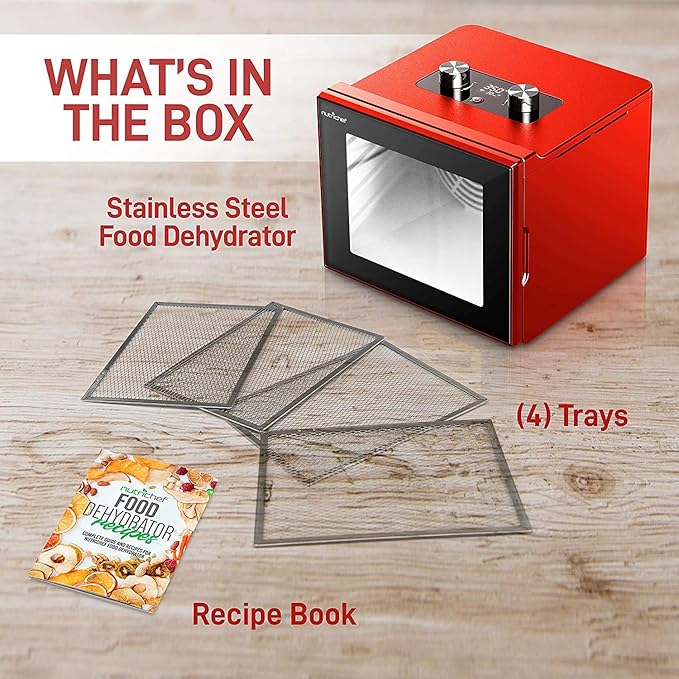 Electric Countertop Food Dehydrator Machine - 350-Watt Premium Multi-Tier Meat Beef Jerky Maker Fruit/Vegetable Dryer w/ 4 Stainless Steel Trays, Digital Timer, Temperature Control - NutriChef NCDH4S