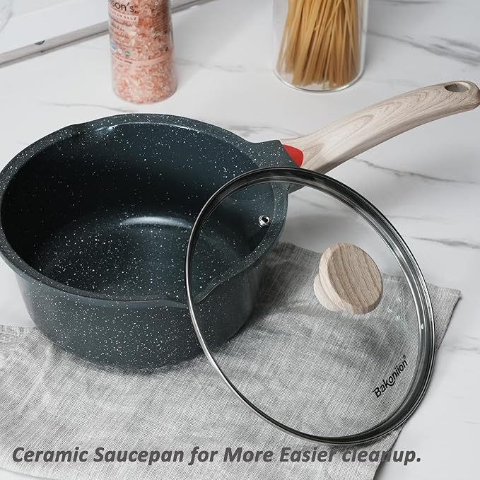 Bakoniion Ceramic Nonstick 4 QT Saucepan with Lid, Cast Aluminum Stockpot with Stay-cool Handle,Compatible with All Cooktops,Dishwasher Safe