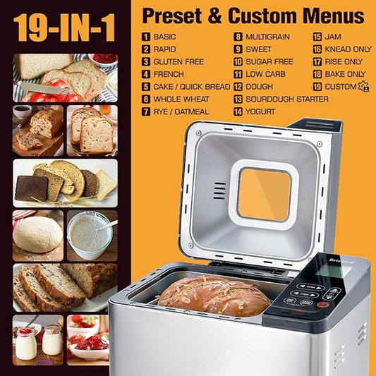 Bread Maker Machine with Ceramic Nonstick Pan, 19 Menus, 2 Pound Stainless Steel Breadmaker with Glass Touch Panel, Gluten Free, Sourdough Starter, Custom Setting, 3 Loaf Sizes & Crust Colors