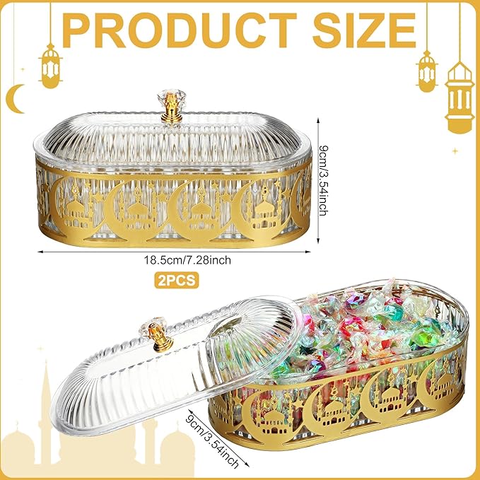 2 Pcs Ramadan Trays with Lid Eid Mubarak Gold Plates Dishes Table Decoration Muslim Islamic Serving Trays Metal Dessert Storage Container for Celebration (Ramadan Moon)