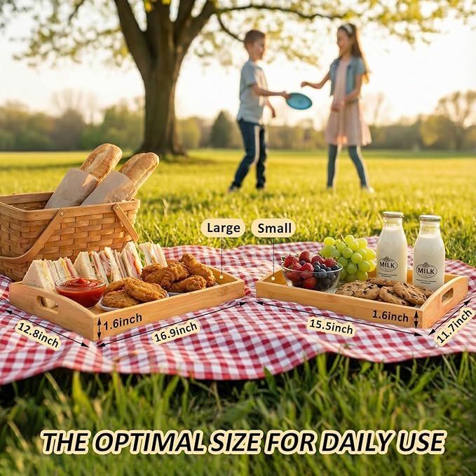 Bamboo Serving Tray with Handles, Set of 2 Large Wood ServingTrays for Food & Coffee, Elegant Wooden Tray for Breakfast in Bed, Kitchen & Party-Natrual Finish