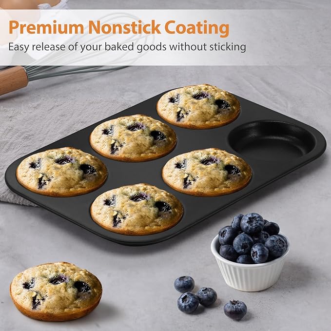 E-far Muffin Top Pan, Nonstick 6-Cavity Shallow Cupcake Pan for Baking Whoopie Pie, Yorkshire Pudding, Eggs, Cornbread, Drop Cookies, Easy Release & Clean, 3-Inch Standard Size