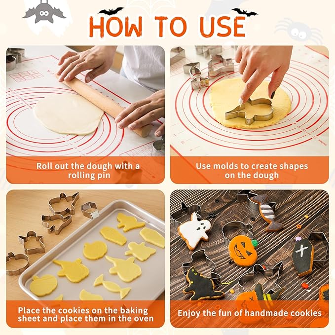 Cookie Cutters Set, 18-Piece Nonstick Baking Pans Set, Complete Cake Baking Set with Baking Pan Baking Mat Rolling Pin Spatula Clamp (Halloween)