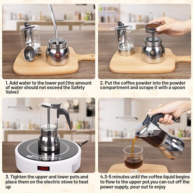 Vaolvpant 4 Cup Glass Clear Moka Pot Thickened 304 Stainless Steel Stovetop Espresso Maker Italian Coffee Machine 200ml 6.8oz Classic Mocha Cafe Greca Coffee Suitable for Gas Induction