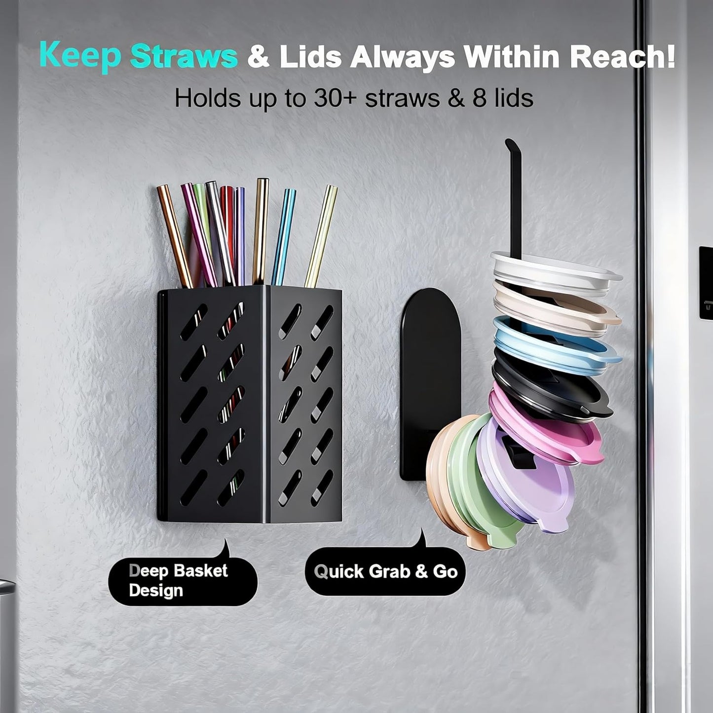 Magnetic Cup Holder for 8 Stanley 30/40 oz Tumbler, 2Pack Water Bottle Holder with Tumbler Lid & Straw Organizer, Flexible disassembly, Ideal for Fridge and Other Iron Surfaces