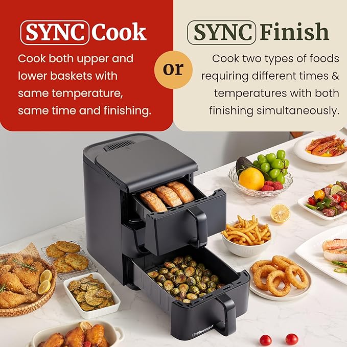 Elite Gourmet Dual Stacked Air Fryer, 10.5 Qt Capacity, PFAS Free Nonstick, 10 Presets, SYNC Cook & SYNC Finish, Adjustable Time & Temp, 1700-Watts, 34 Delicious Recipes, Black