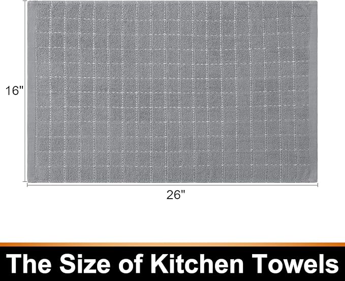 Mordimy 100% Cotton Terry Cloth Kitchen Towels, Super Soft and Absorbent Dish Towels for Drying, Checkered Designed Hand Towels for Kitchen, 16 x 26 Inches, 8 Pack, Light Grey