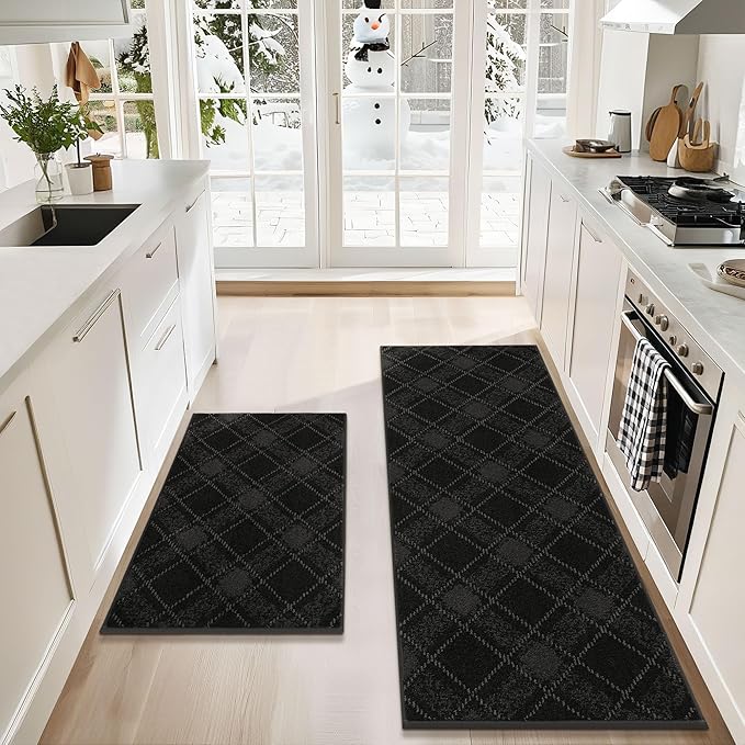 COSY HOMEER Kitchen Rugs and Mats Sets 2PCS Non-Slip Soft Kitchen Mats for Floor Absorbent and Stain Resistant Kitchen Floor Mat Washable Plaid Rugs for Kitchen,24"x36"+24"x60",Black