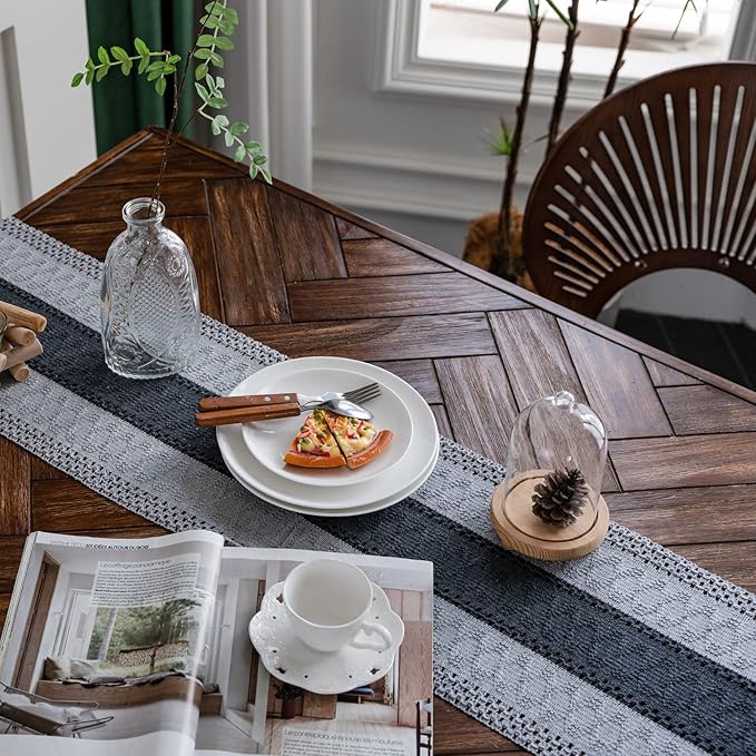 Alynsehom Macrame Table Runner Grey Boho Table Runners with Tassels Hand Woven Cotton Table Runner Rustic Farmhouse Table Runners for Bohemian Kitchen Dining Table(12x95in)