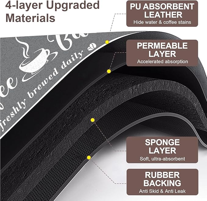 Absorbent Coffee Mat, Fashion Dish Drying Mat for Kitchen Counter Coffee Bar Accessories Espresso Machine Dish Rack 12" x 20" Dark Grey