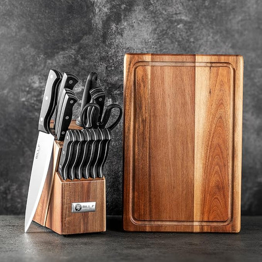 Wood Kitchen Set Knife Set for Kitchen with Block Stainless Steel Knives 16 Pcs and Cutting Board with Groove,Black Handles and Sharp Stainless Steel Professional Chef Knife Set
