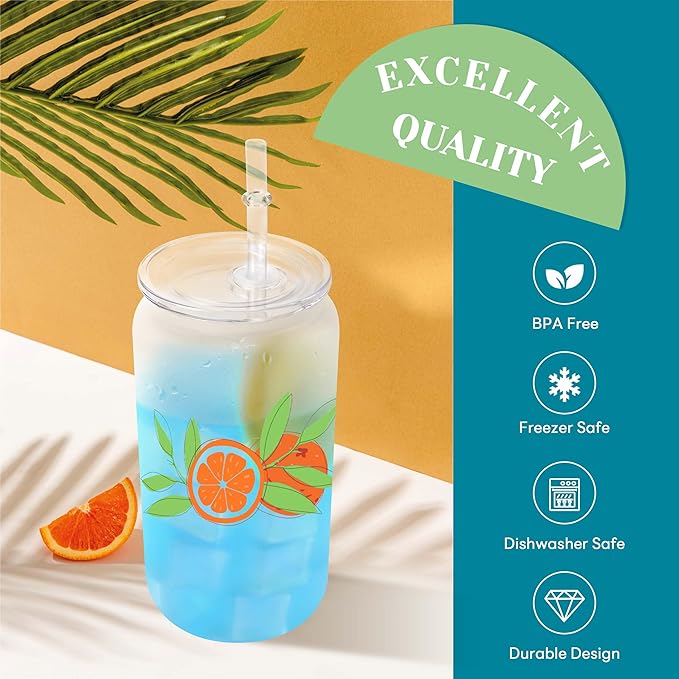 Joyclub 12 Pack Sublimation Cups 16 OZ Frosted Glass Cans Blanks with Clear Lids Mason Jars for Iced Coffee Beer Juice and Soda Drinks