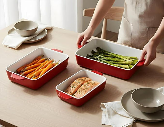 Kook Ceramic Bakeware Set, Rectangular Baking Dishes, For Casseroles, Lasagna, Cake, Small, Medium & Large Pans, Microwave & Dishwasher Safe, Set of 3, Cherry