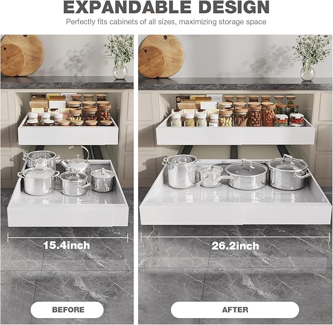 2 Pack Pull Out Cabinet Organizer 22" Deep,Full Extension 3 Slide Rails Slide Out Drawers With Raising Pad for Framed Cabinets,Expandable Width (15.4"-26.2"),No Drill Roll Out shelf,White