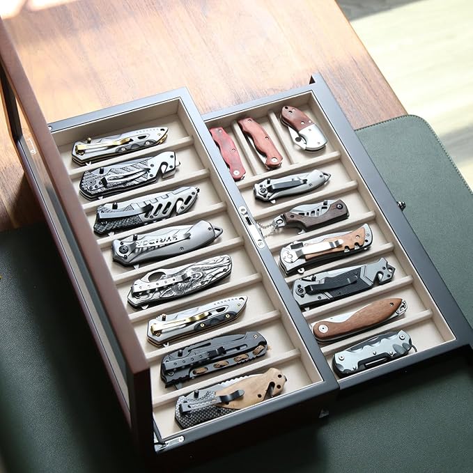 Bonaking Knife Display Case Two-Tier Pocket Knife Case Box Storage for 15-17 Pocket Knives Pocket Knife Collection Case Organizer for Men Gift with Walnut Finish and Glass Window