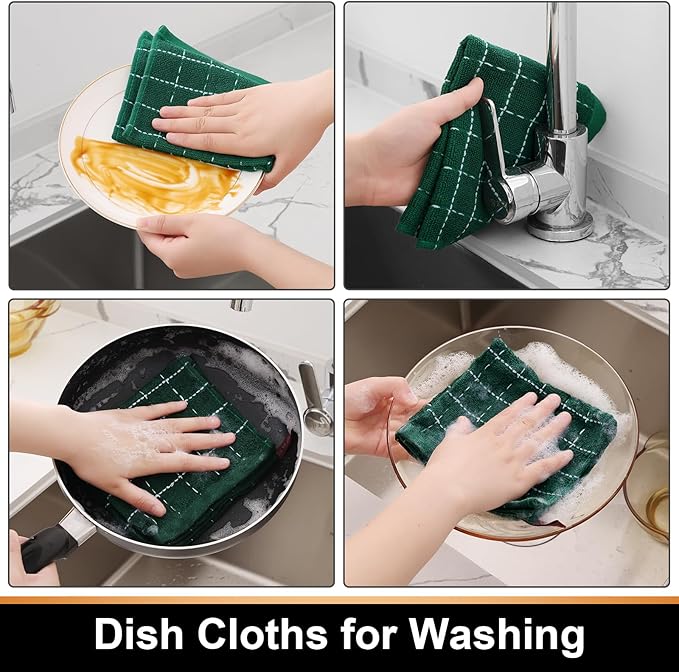 Mordimy 100% Cotton Terry Cloth Dish Cloths, Soft and Absorbent Checkered Dish Towels, Quick Drying Dish Rags for Washing Dishes, 8 Pack, 12 x 12 Inches, Dark Green