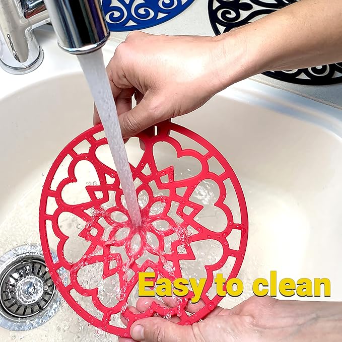 3 Set Silicone Trivet Mats with 1 Extra Large Included | Intricately Carved Insulated Flexible Durable Non Slip Thick Round Premium Trivets for Hot pots and Pans | Light Blue