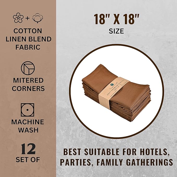 Fingercraft Cloth Napkins Set of 12, Cotton Linen Blend Napkins Cloth Washable Premium Quality Parties, Weddings, Mitered Dinner Napkin for Home Parties Christmas Thanksgiving 18x18 in Brown