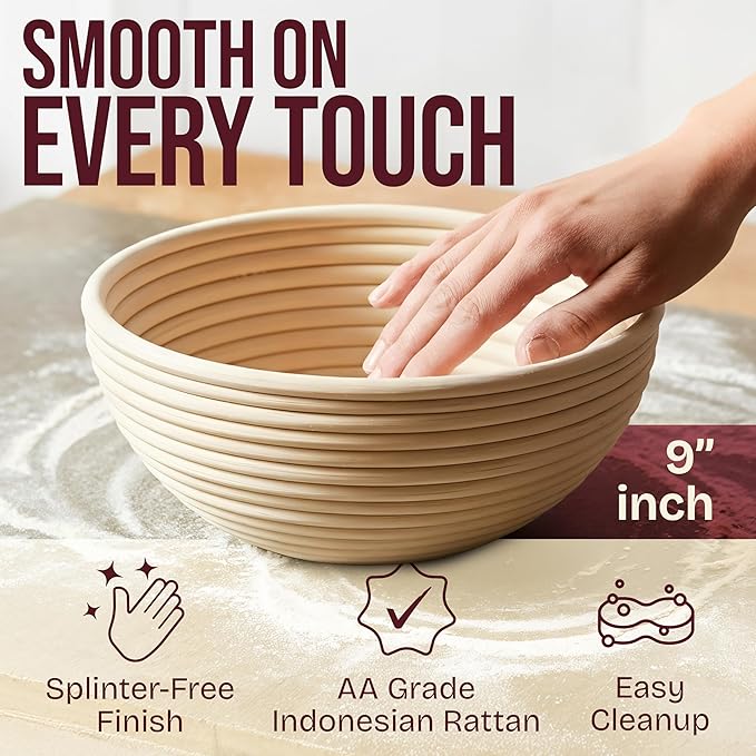 Superbaking Banneton Bread Proofing Basket Set of 2, 9" Splinter-Free Round Rattan Bread Basket with Liners, Sourdough Starter Kit, Sourdough Bread Baking Supplies & Sourdough Kit, Bread Making Tools