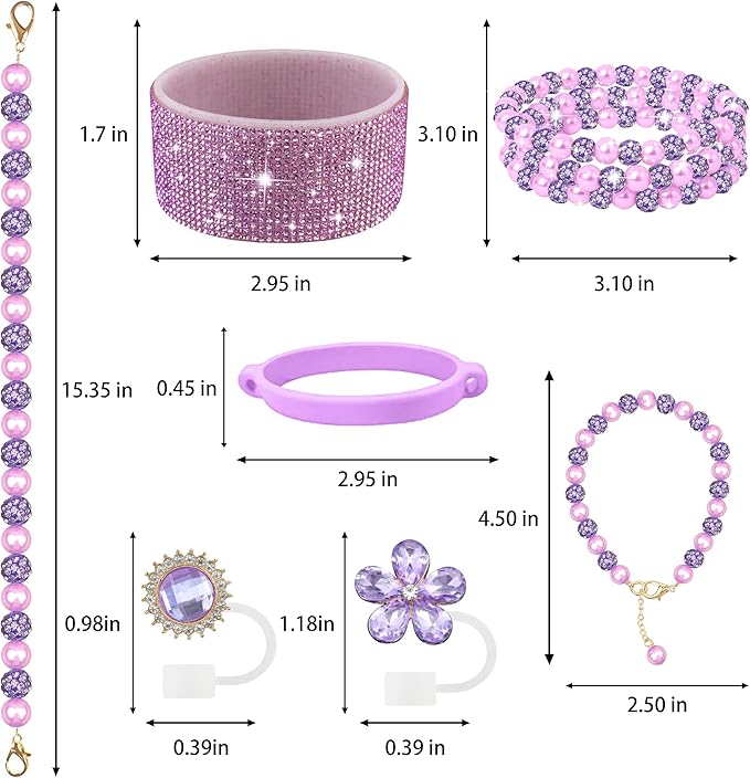 9PCS Purple of Stanley Cup Accessories Set 30/40 OZ Bling Pearl Rhinestones Charms for Stanley Decorations Tumbler Accessories Including Flower Straw Topper, Rhinestones Boot 30/40 OZ