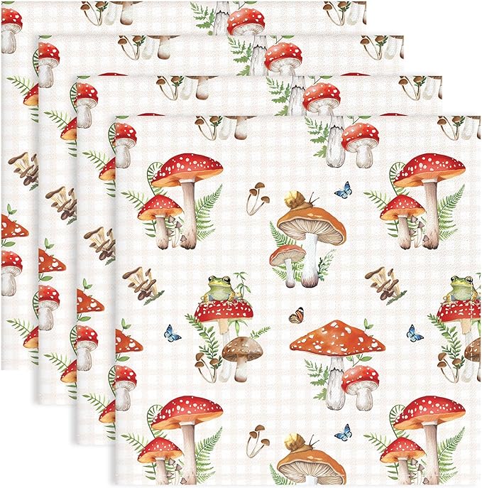 Mushroom Napkins, 18×18 Inch Leaves Dinner Cloth Napkins Set of 4, Washable Cotton Soft Absorbent Square Napkins for Dining Kitchen Party Wedding Decoration