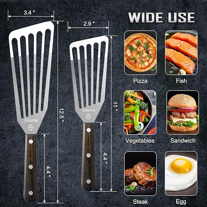 2 Pack Fish Spatula Stainless Steel，Flexible Metal Spatula Perfect for Flipping Eggs, Burgers and Baking, Durable Lightweight Kitchen Slotted Turner for Cooking & BBQ, Christmas gifts