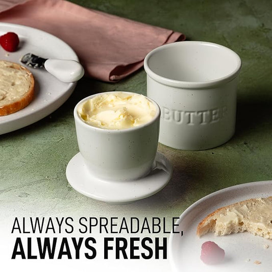 Zulay Kitchen Bell Shaped Butter Crock with Lid for Countertop with Water Line & Spreader Knife, Ceramic French Butter Dish Keeper For Fresh, Soft & Spreadable Butter - Speckled White