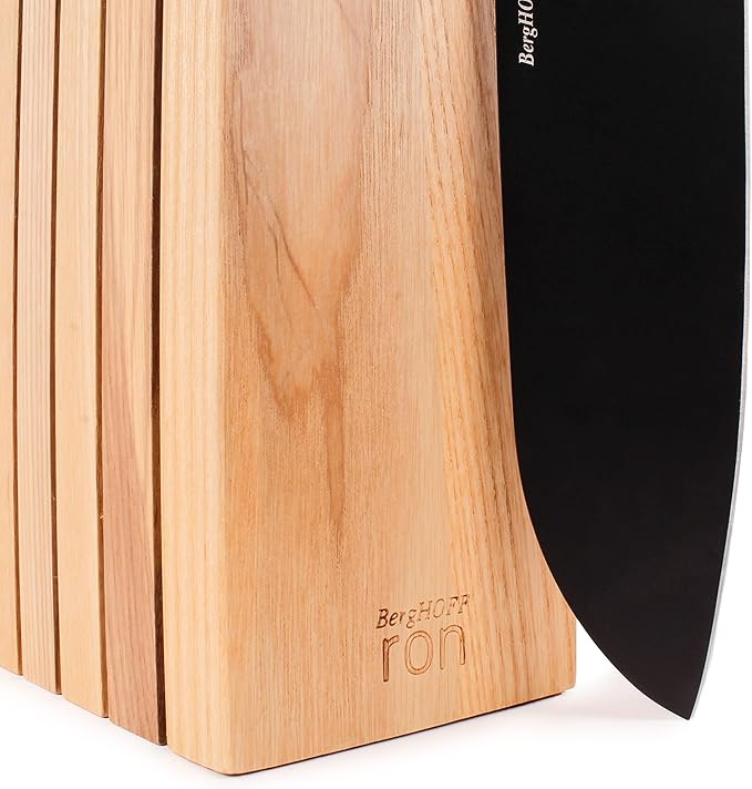 BergHOFF RON 5Pc Non-stick Knife Set With Wood Block Titanium PVD Coating Sharp & Well Balanced Seamless Transition Ash Wood Handle Anti-skid Base