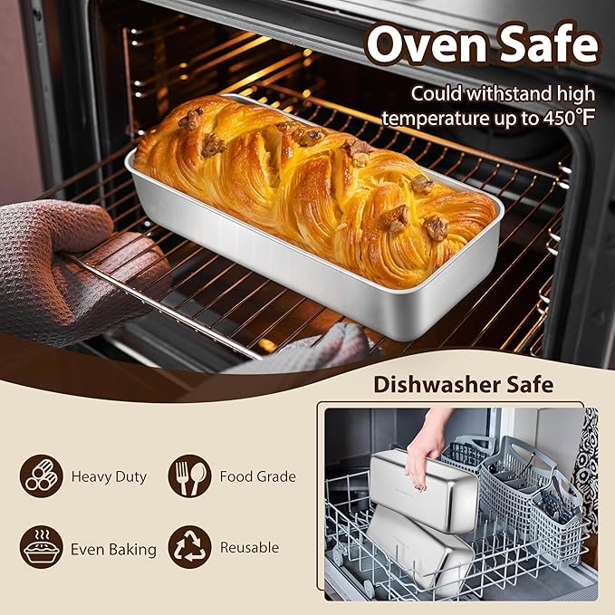 P&P CHEF Loaf Pans for Baking Bread, 12 x 5 Inch Large Stainless Steel Bread Loaf Pan Tins for Homemade Meatloaf Cake Brownies, Healthy & Sturdy, Oven & Dishwasher Safe, 2Pcs