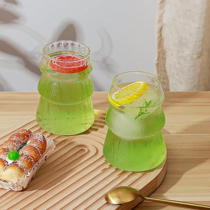 Koythin 2-Piece Ribbed Glass Cups, Vintage Drinking Glassware for Iced Coffee Juice Cocktails Milk Tea Beer, 16 oz/450 ml Cute Bubble Cup (Trees)