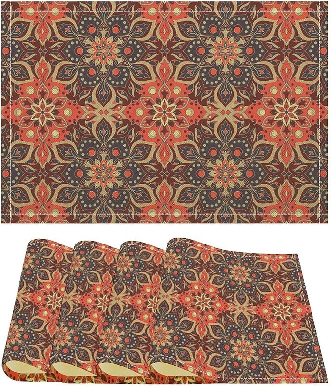 Mandala Placemats Set of 4 Vintage Bohemia Ethnic Floral Art Printed Dining Table Mats for Restaurant Home Kitchen Holiday Picnic Party Decor 12x18in