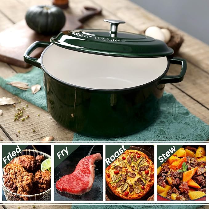 EDGING CASTING Enameled Cast Iron Dutch Oven Pot With Lid, Dutch Oven for Sourdough Bread Baking Round Pot Dule Handle, 7.5 Quart, Green