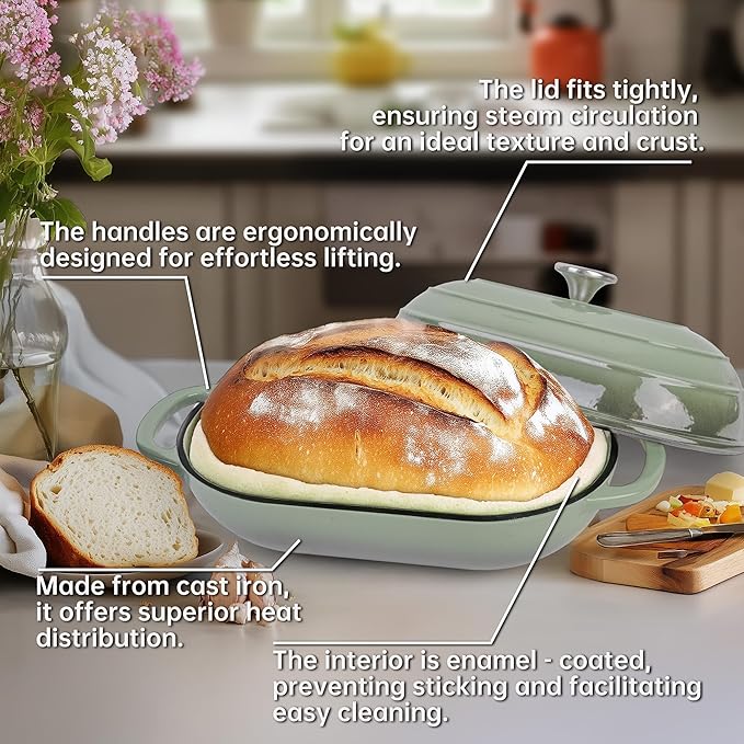 Fijxzct Premium Enameled Cast Iron Dutch Oven for Bread Baking | Non-Stick 5QT Oval Bread Oven with Lid | Perfect for Sourdough, Loaf, and Artisan Baking (Gradient Green, 5 QT)