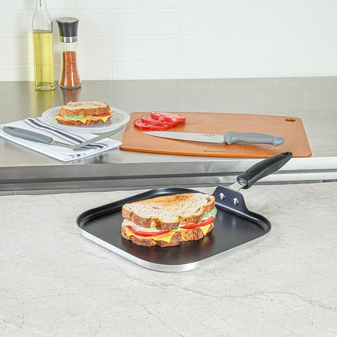 Restaurantware-Met Lux 11.3 Inch Square Griddles With Stay-Cool Handle, 10 No-Stick Flat Top Grills - Compatible With Gas And Electric, Durable, Aluminum Griddle Pans, Even-Heating, For Cooking Eggs
