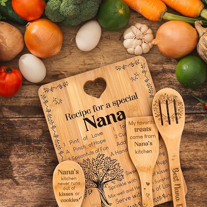 Gifts for Nana - "Recipe for a Special Nana" Nana Birthday Gifts Cutting Board Set, Bamboo-Made Engraved Utensil Set Nana Birthday Gifts, Grammy/Nanny/Granny/Gran Presents