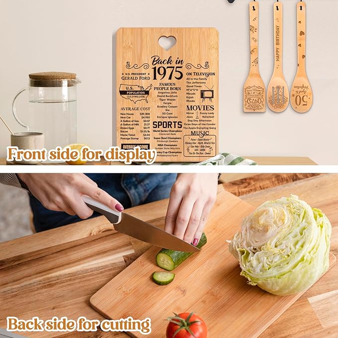 50th Birthday Gifts for Her Him - "Back in 1975" 50th Birthday Gifts for Women Cutting Board, Bamboo-Made Engraved "Year 1975 News" 50th Birthday Gifts