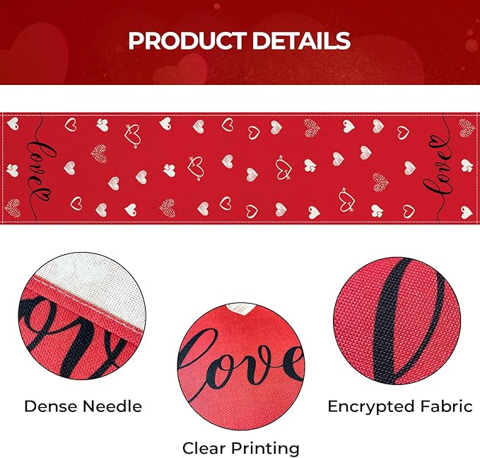 Valentines Day Table Runner 13x108 Inch, Love Hearts Valentine Table Runner, Anniversary Home Kitchen Dining Table Holiday Party Decorations