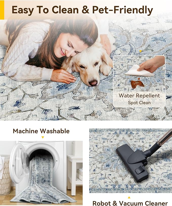 Area Rugs 2'x7' Runner Rug Non Slip Washable for Kitchen Hallway Bedroom Beside Laundry Room Bathroom Rug, Floor Carpet, Light Blue Navy Beige Gray White