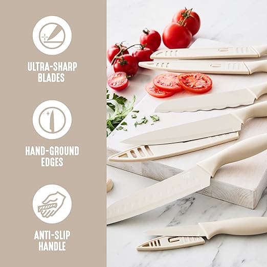 GreenLife 6 Piece Kitchen Knife Set, Rust-Resistant Nonstick Coating, High Carbon Stainless Steel Knives, Blade Guards, Razor Sharp, Ergonomic Handle, Chef, Santoku, Paring, Taupe