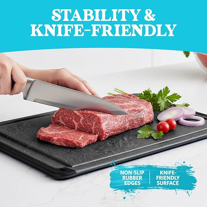 Large Cutting Boards for Kitchen - 18 x 12 Inch Plastic Cutting Board with Deep Juice Groove - Non-Slip, Durable Carving Board for Vegetables, Fruits and Meats - Dishwasher Safe Charcoal Grey